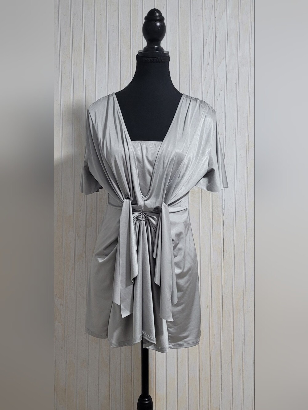 Y2K Cache Metallic Silver Knot Front Short Sleeve Mini Dress Size Medium